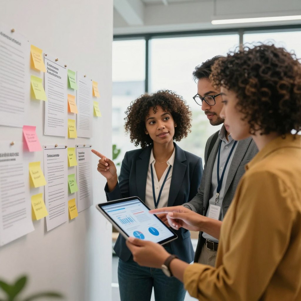 In a modern office environment, a diverse group of three business professionals are engaged in a lively discussion about customer feedback. In the foreground, one woman with curly hair and a man wearing glasses are examining a digital tablet displaying graphs and testimonials, dressed in smart casual attire. The middle ground features a diverse array of sticky notes and feedback forms pinned to a wall, showcasing various customer insights. In the background, large windows flood the space with natural light, creating a bright and welcoming atmosphere. Capture the warm mood of collaboration and innovation with soft, diffused lighting. Use a slightly angled perspective to emphasize the interaction and the variety of feedback displayed, ensuring the scene looks dynamic and inviting. In a modern office environment, a diverse group of three business professionals are engaged in a lively discussion about customer feedback. In the foreground, one woman with curly hair and a man wearing glasses are examining a digital tablet displaying graphs and testimonials, dressed in smart casual attire. The middle ground features a diverse array of sticky notes and feedback forms pinned to a wall, showcasing various customer insights. In the background, large windows flood the space with natural light, creating a bright and welcoming atmosphere. Capture the warm mood of collaboration and innovation with soft, diffused lighting. Use a slightly angled perspective to emphasize the interaction and the variety of feedback displayed, ensuring the scene looks dynamic and inviting.