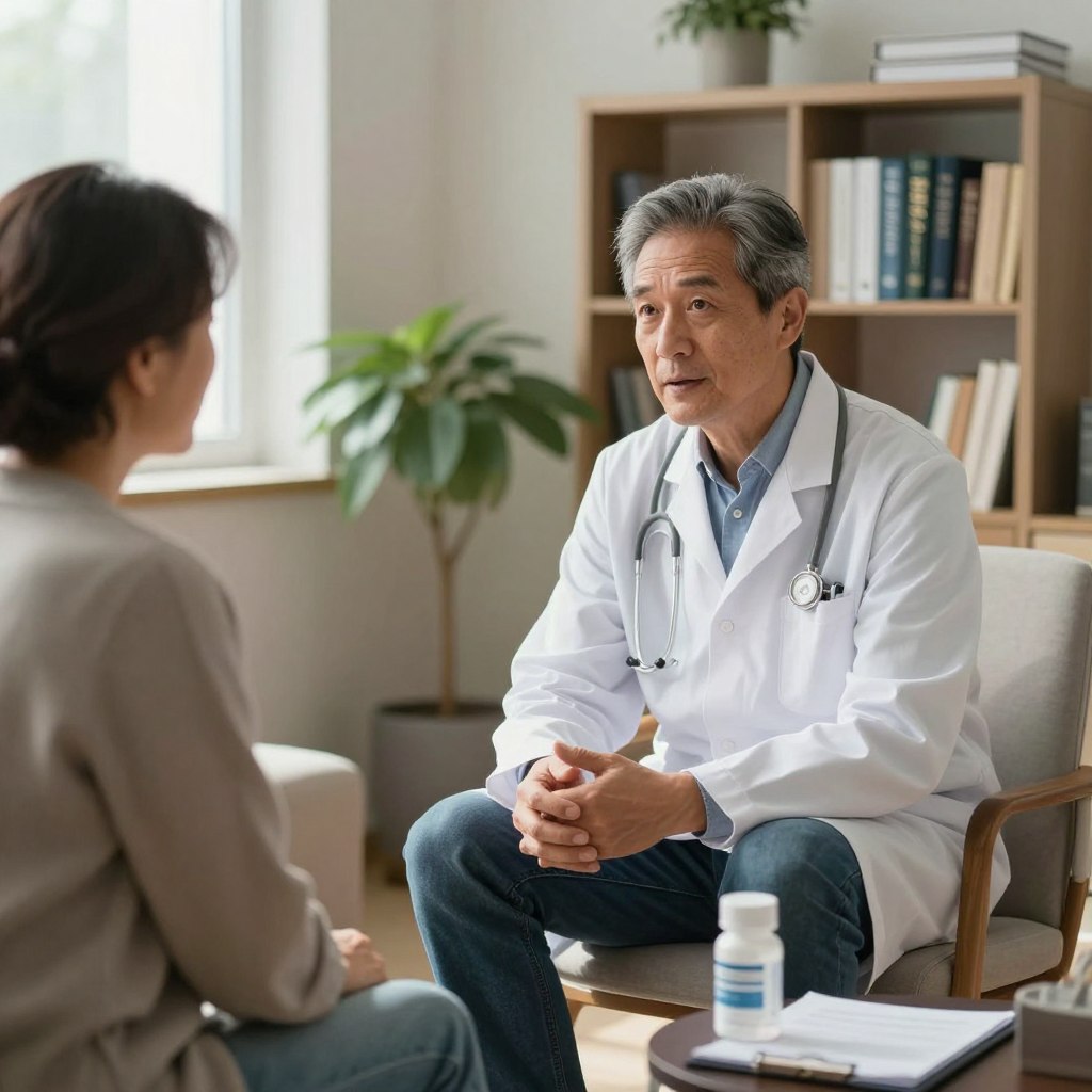 A healthcare professional, a middle-aged man, is sitting at a modern and inviting doctor's office consultation room, wearing professional attire. He is engaged in a candid conversation with a middle-aged patient, who is dressed in modest casual clothing. The atmosphere is warm and supportive, with soft natural lighting filtering through the window, casting gentle shadows. In the background, shelves filled with medical books and a potted plant add a sense of comfort and professionalism. The facial expressions of both men convey openness and understanding, emphasizing trust and perspective on the topic of metoprolol's effects on sexual health. The image reflects a genuine and relatable interaction, aiming to portray real-life experiences and perspectives on the subject. A healthcare professional, a middle-aged man, is sitting at a modern and inviting doctor's office consultation room, wearing professional attire. He is engaged in a candid conversation with a middle-aged patient, who is dressed in modest casual clothing. The atmosphere is warm and supportive, with soft natural lighting filtering through the window, casting gentle shadows. In the background, shelves filled with medical books and a potted plant add a sense of comfort and professionalism. The facial expressions of both men convey openness and understanding, emphasizing trust and perspective on the topic of metoprolol's effects on sexual health. The image reflects a genuine and relatable interaction, aiming to portray real-life experiences and perspectives on the subject.