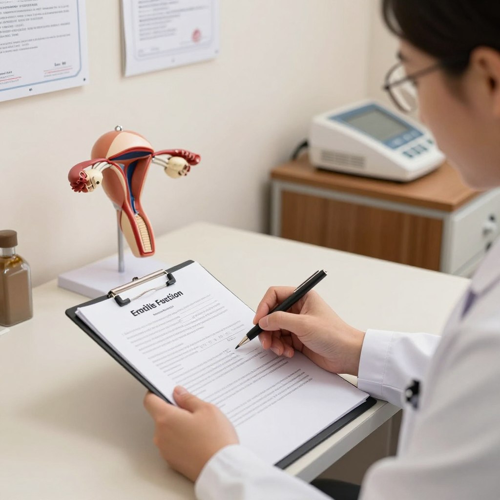 A medical consultation room focusing on the diagnosis of erectile dysfunction. In the foreground, a healthcare professional, wearing a white lab coat and glasses, is examining a detailed chart about erectile function, noting observations on a clipboard. The middle ground features an anatomical model of the male reproductive system on a desk, symbolizing the diagnostic tools used in the process. The setting is well-lit with soft, warm lighting to create a calm and professional atmosphere. In the background, medical certificates adorn the walls, and a medical device sits on a side table. The angle captures the event from slightly above, emphasizing the seriousness of the discussion while maintaining a respectful and informative tone.
