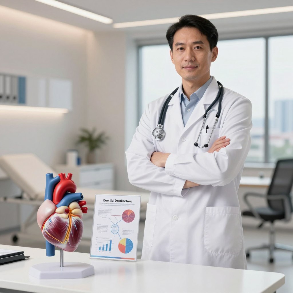 A medical professional in a crisp white lab coat, standing confidently in a modern clinic, with a stethoscope around their neck. In the foreground, a detailed anatomical model of the cardiovascular system, emphasizing the heart and arteries, is displayed prominently. In the middle ground, infographics illustrating the connection between erectile dysfunction and cardiovascular disease are neatly arranged on a sleek table, showcasing graphs and charts. The background features a calming, well-lit examination room with soft, diffused lighting, and a large window revealing a view of a serene cityscape. The mood is professional and informative, highlighting the serious connection between these health issues while maintaining a sense of hope and clarity. A medical professional in a crisp white lab coat, standing confidently in a modern clinic, with a stethoscope around their neck. In the foreground, a detailed anatomical model of the cardiovascular system, emphasizing the heart and arteries, is displayed prominently. In the middle ground, infographics illustrating the connection between erectile dysfunction and cardiovascular disease are neatly arranged on a sleek table, showcasing graphs and charts. The background features a calming, well-lit examination room with soft, diffused lighting, and a large window revealing a view of a serene cityscape. The mood is professional and informative, highlighting the serious connection between these health issues while maintaining a sense of hope and clarity.