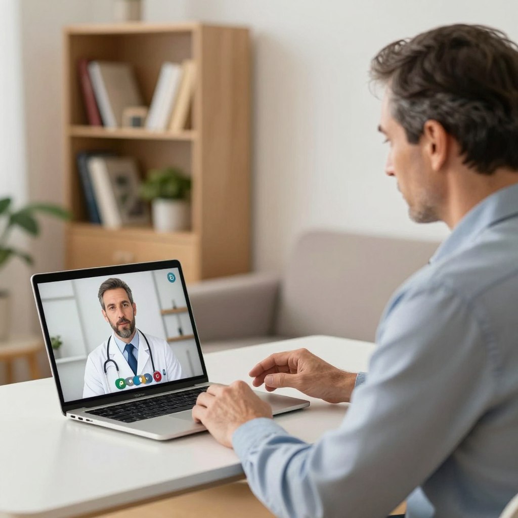 A modern telemedicine consultation scene focused on erectile dysfunction treatment. In the foreground, a middle-aged man in a smart business casual outfit is sitting comfortably at a desk, engaged in a video call with a healthcare professional. He appears attentive, with a laptop open in front of him, displaying the doctor on screen. The middle ground features a well-organized home office setting, with soft, warm lighting creating a welcoming atmosphere. In the background, a bookshelf with health literature and plants adds a touch of calm. Emphasize a professional and supportive mood, capturing the essence of remote medical care. Use a slightly blurred depth of field to highlight the man and the screen, ensuring a crisp focus on facial expressions. A modern telemedicine consultation scene focused on erectile dysfunction treatment. In the foreground, a middle-aged man in a smart business casual outfit is sitting comfortably at a desk, engaged in a video call with a healthcare professional. He appears attentive, with a laptop open in front of him, displaying the doctor on screen. The middle ground features a well-organized home office setting, with soft, warm lighting creating a welcoming atmosphere. In the background, a bookshelf with health literature and plants adds a touch of calm. Emphasize a professional and supportive mood, capturing the essence of remote medical care. Use a slightly blurred depth of field to highlight the man and the screen, ensuring a crisp focus on facial expressions.