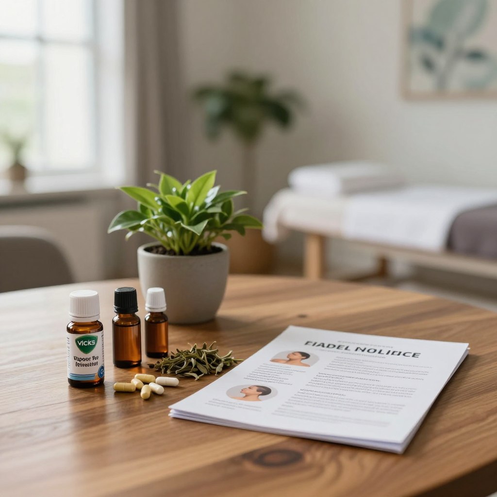 A serene and informative still life composition illustrating various alternative treatments for erectile dysfunction. In the foreground, neatly arranged items include a small bottle of Vicks Vapor Rub, herbal supplements, and a pamphlet showcasing different therapies, all on a polished wooden table. The middle ground features a potted plant symbolizing natural healing and vitality, subtly hinting at holistic approaches. In the background, softly blurred, there’s an abstract representation of a tranquil wellness clinic, with muted colors and gentle lighting to evoke a calming atmosphere. The image captures a sense of hope and wellness, with warm, inviting tones and diffuse natural light streaming in from a window, creating a peaceful and professional ambiance.