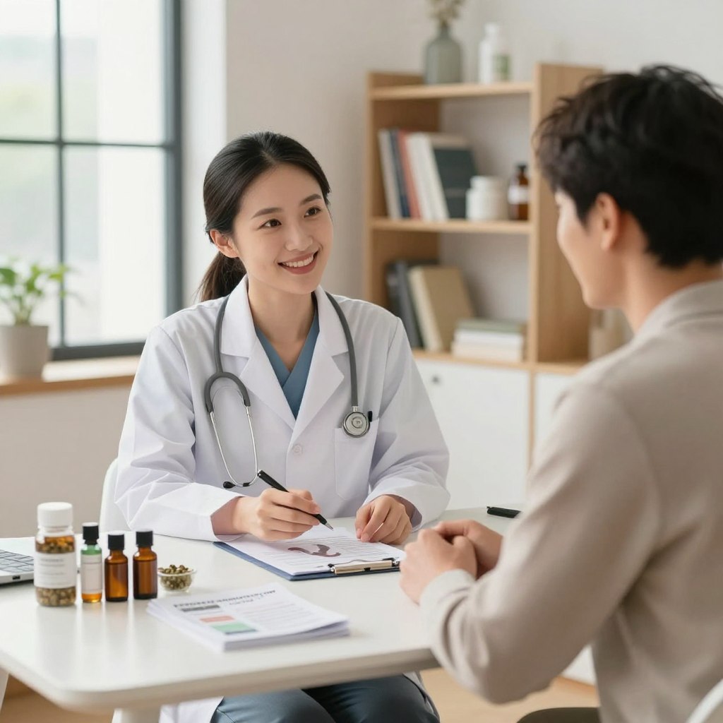 A serene and professional consultation room, beautifully lit with soft natural light pouring in through large windows. In the foreground, a friendly healthcare provider, dressed in a smart, professional outfit, is discussing alternative treatments for erectile dysfunction with a patient. The patient, wearing modest casual clothing, appears engaged and hopeful. On the desk are various natural remedies like herbal supplements, essential oils, and pamphlets about acupuncture and yoga, symbolizing holistic approaches. In the background, shelves adorned with books on men's health and wellness create an inviting atmosphere. The image should evoke a sense of trust and openness, highlighting the supportive environment for discussing sensitive health topics.