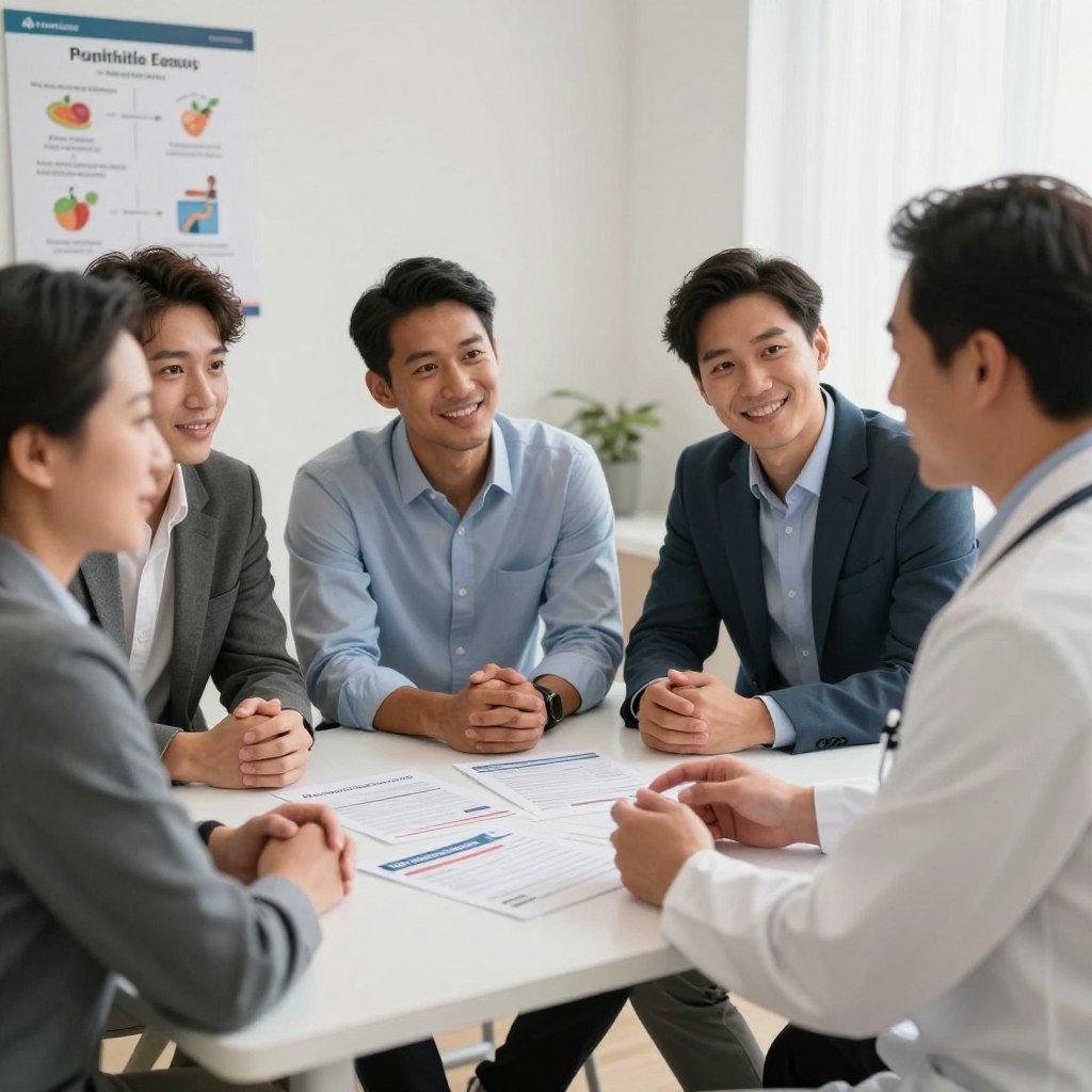 A serene, well-lit doctor's office setting serves as the background, featuring a clean, organized desk with medical pamphlets about erectile health spread neatly across it. In the foreground, a diverse group of four men, dressed in professional business attire, are engaged in a friendly discussion with a physician, who is shown in modest casual clothing. The lighting is soft and warm, creating an atmosphere of comfort and trust. A chart on the wall subtly illustrates healthy lifestyle choices, emphasizing preventative measures like diet and exercise. The angle of the shot captures the men's faces, reflecting hope and determination, while the physician gestures towards the materials, fostering an educational and supportive mood. The overall feel is uplifting and informative.