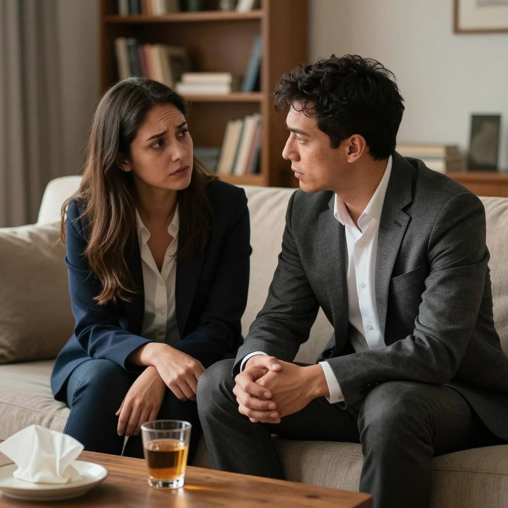 A thoughtful portrayal of a couple sitting together on a couch in a warmly lit living room, dressed in professional business attire as they share a serious conversation, their expressions reflecting concern and empathy. In the foreground, a coffee table with a half-finished drink and tissues suggests an emotional moment. In the middle ground, the couple's body language—leaning slightly toward each other—indicates a desire for connection despite the topic of discussion. The background features a soft-focus bookshelf, filled with self-help books, enhancing the atmosphere of introspection and understanding. The overall mood is one of warmth, vulnerability, and the strength of enduring love, captured with soft lighting, highlighting their faces delicately to convey emotional depth.