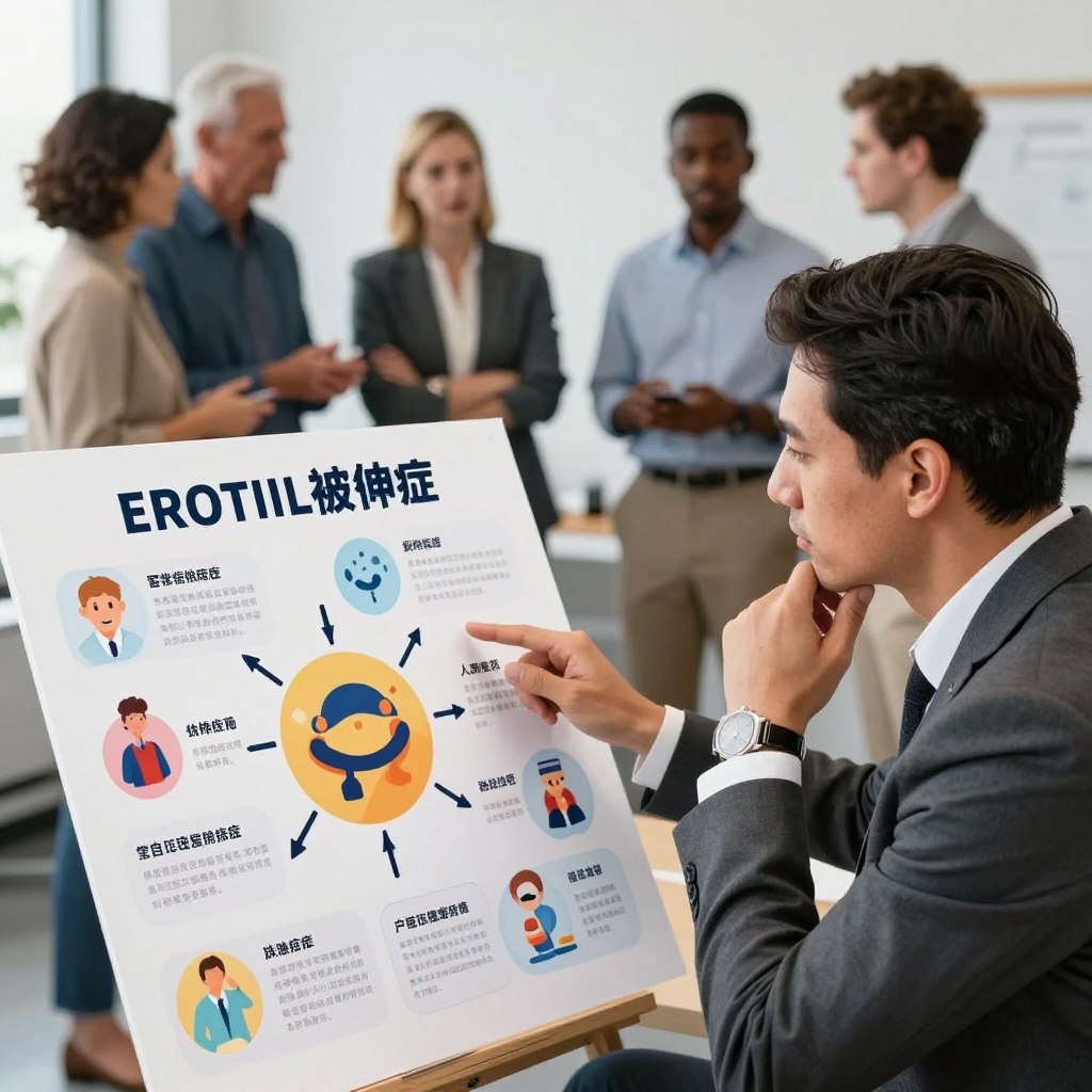 A visually engaging and informative illustration depicting common myths about erectile dysfunction. In the foreground, a thoughtful adult male in professional business attire, appearing contemplative, is seen examining a large, illustrative infographic displaying various myths, such as misconceptions about age, lifestyle, and medical conditions. In the middle ground, a diverse group of individuals, also dressed in smart casual clothing, are engaged in animated discussion, pointing at various elements of the infographic. The background features a calming office environment with soft lighting, accentuating an atmosphere of open dialogue and education. The scene captures a sense of awareness and debunking of myths, with a focus on professionalism and understanding. The lighting is bright and welcoming, enhancing the clarity of the infographics without any text or distractions.