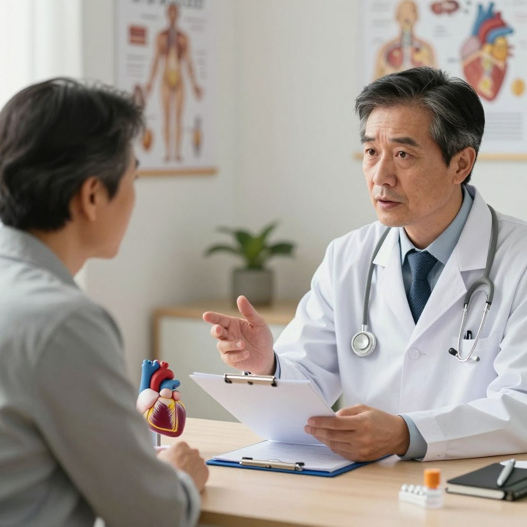 A visually informative scene depicting a healthcare professional in a clinical setting, discussing medication options with a middle-aged man. The doctor, dressed in a white coat and smart attire, holds a prescription pad, gesturing towards a model of the heart and blood vessels on the table. The man, looking attentive and slightly concerned, is seated across from the doctor in a well-lit office, with medical charts and anatomical posters on the walls. Soft, warm lighting creates a calm atmosphere, enhancing a sense of trust and reassurance. A focus on the interaction emphasizes the importance of communication about health. The image should highlight both subjects from a mid-range angle to capture emotions and professionalism, while avoiding any suggestive elements. A visually informative scene depicting a healthcare professional in a clinical setting, discussing medication options with a middle-aged man. The doctor, dressed in a white coat and smart attire, holds a prescription pad, gesturing towards a model of the heart and blood vessels on the table. The man, looking attentive and slightly concerned, is seated across from the doctor in a well-lit office, with medical charts and anatomical posters on the walls. Soft, warm lighting creates a calm atmosphere, enhancing a sense of trust and reassurance. A focus on the interaction emphasizes the importance of communication about health. The image should highlight both subjects from a mid-range angle to capture emotions and professionalism, while avoiding any suggestive elements.