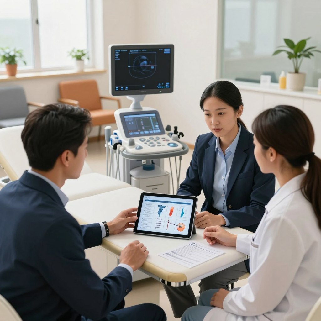 A well-organized clinic setting focused on erectile dysfunction treatment options. In the foreground, a diverse group of three professionals in professional business attire—two men and one woman—engaged in a discussion, examining a modern tablet displaying treatment plans and infographics. The middle ground features a sleek, contemporary treatment room equipped with various medical devices for diagnosis and therapy, such as a penile ultrasound machine and informational pamphlets. The background shows a softly lit waiting area with calming colors and plants, conveying a reassuring atmosphere. Natural light filters through large windows, creating a warm, inviting mood. The composition highlights professionalism and hope in addressing health concerns related to erectile dysfunction. A well-organized clinic setting focused on erectile dysfunction treatment options. In the foreground, a diverse group of three professionals in professional business attire—two men and one woman—engaged in a discussion, examining a modern tablet displaying treatment plans and infographics. The middle ground features a sleek, contemporary treatment room equipped with various medical devices for diagnosis and therapy, such as a penile ultrasound machine and informational pamphlets. The background shows a softly lit waiting area with calming colors and plants, conveying a reassuring atmosphere. Natural light filters through large windows, creating a warm, inviting mood. The composition highlights professionalism and hope in addressing health concerns related to erectile dysfunction.