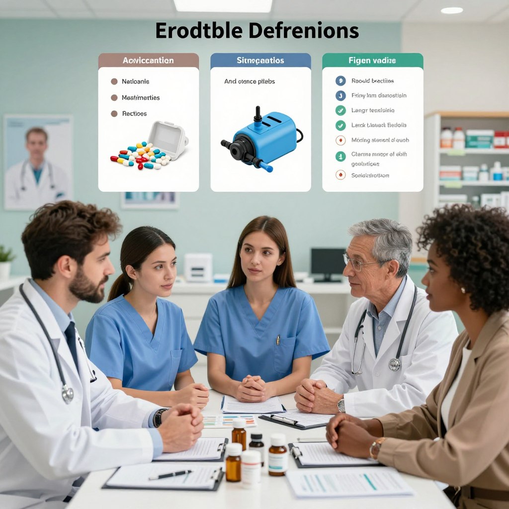 A well-organized composition illustrating various treatment options for erectile dysfunction. In the foreground, a diverse group of three medical professionals—a male doctor in a white coat, a female nurse in scrubs, and a pharmacist in smart-casual attire—are discussing treatment plans over a table filled with bottles of medication and medical pamphlets. In the middle ground, there are categories of treatment options displayed, like medications, vacuum pumps, and lifestyle change guides, arranged in an organized manner. The background features a modern clinic with calming colors, soft lighting, and medical posters on the walls, creating a professional and supportive atmosphere. The lens is slightly angled to provide depth, while the mood is informative and hopeful.