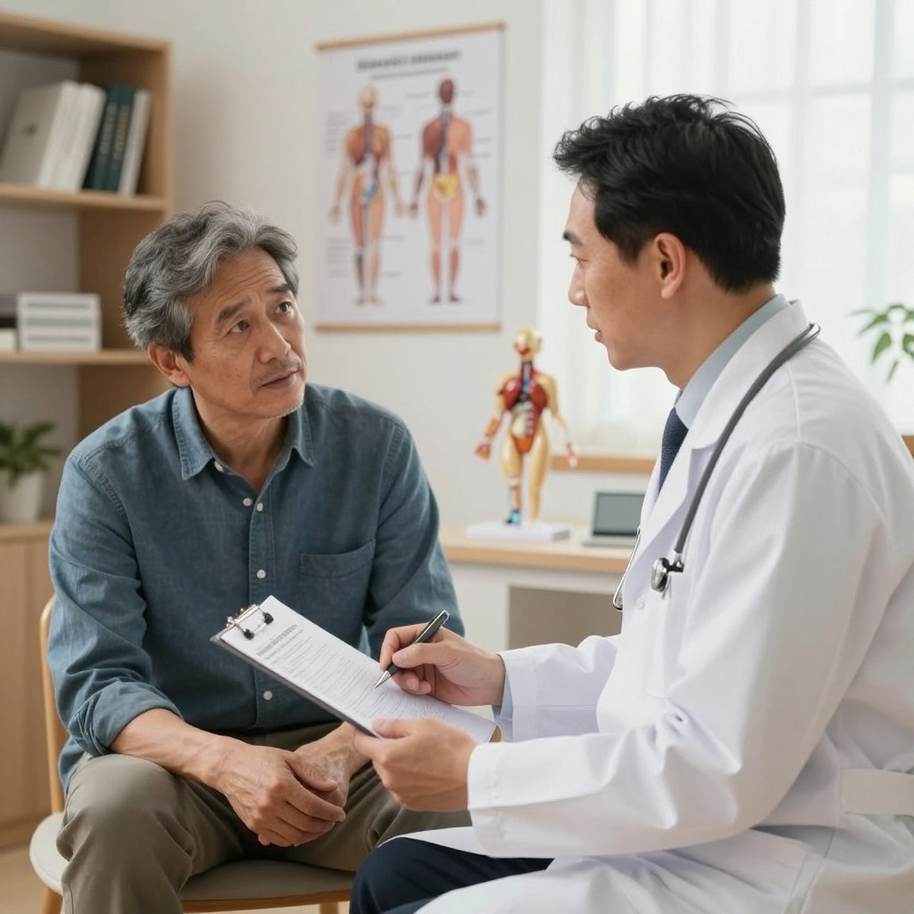 An informative and professional scene depicting a healthcare professional, a middle-aged man in a doctor's office, discussing erectile dysfunction diagnosis. The foreground shows the doctor, dressed in a crisp white lab coat, holding a medical chart, while the patient, in smart-casual attire, appears attentive and engaged. In the middle ground, a modern medical office is visible with anatomical models and medical posters about erectile health. The background features shelves with medical books and a calming window with soft, natural light filtering in, creating a warm and inviting atmosphere. The image is taken from a slightly angled perspective, emphasizing the interaction between the doctor and patient, conveying a mood of hope and understanding as they discuss future perspectives in erectile dysfunction research. An informative and professional scene depicting a healthcare professional, a middle-aged man in a doctor's office, discussing erectile dysfunction diagnosis. The foreground shows the doctor, dressed in a crisp white lab coat, holding a medical chart, while the patient, in smart-casual attire, appears attentive and engaged. In the middle ground, a modern medical office is visible with anatomical models and medical posters about erectile health. The background features shelves with medical books and a calming window with soft, natural light filtering in, creating a warm and inviting atmosphere. The image is taken from a slightly angled perspective, emphasizing the interaction between the doctor and patient, conveying a mood of hope and understanding as they discuss future perspectives in erectile dysfunction research.